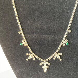 Vintage Duane Rhinestone & Emerald Green Accent Necklace With Tear Drop Crystal